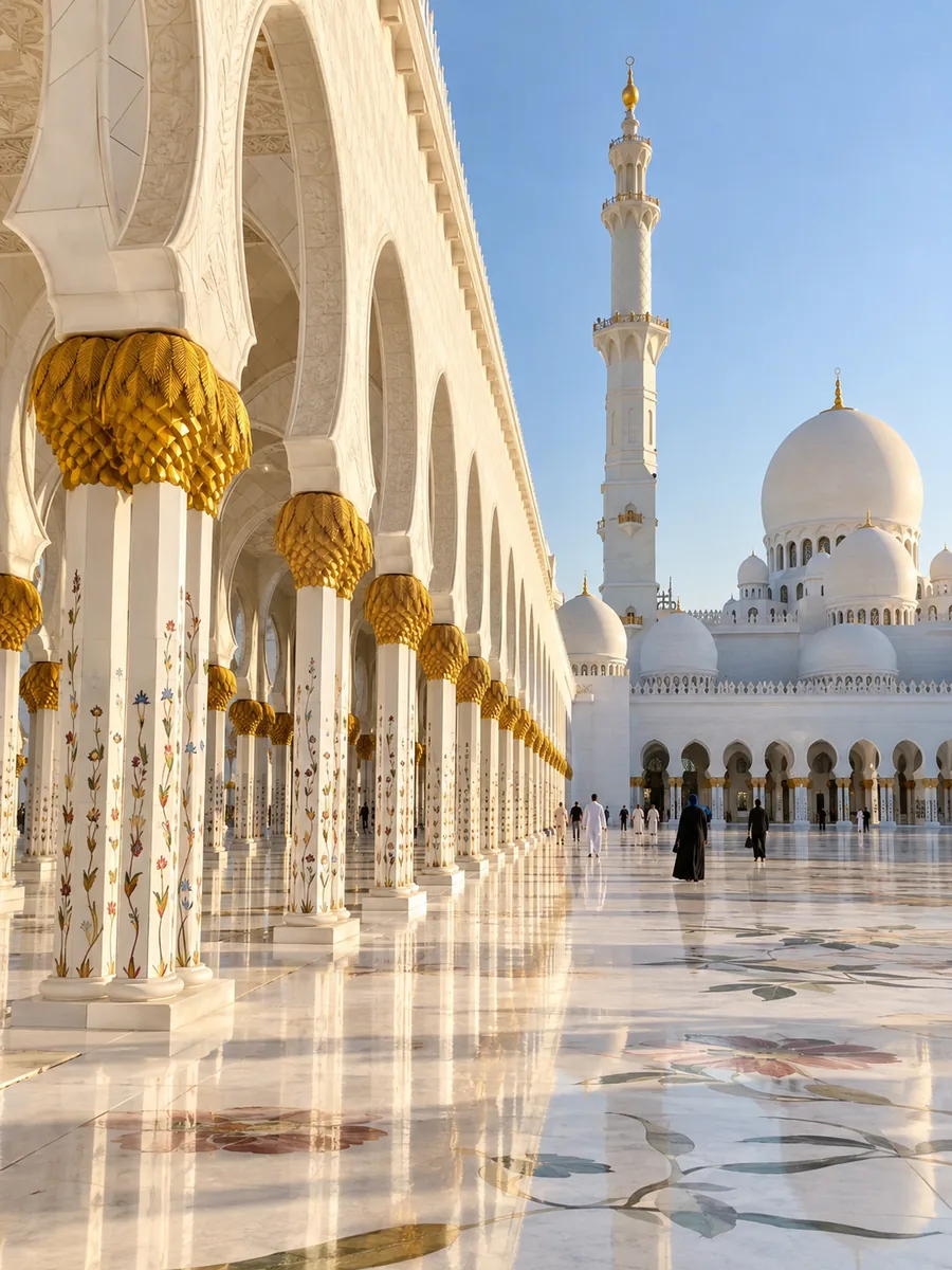 Die weiße Marmorkolonnade im Innenhof der Scheich-Zayid-Moschee mit goldgekrönten Säulen