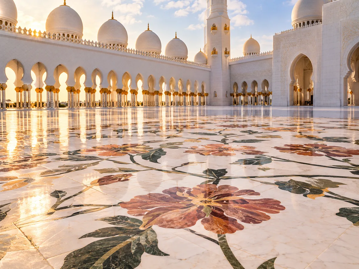 Die Blumenintarsien aus Marmor im Boden des Innenhofs der Großen Moschee mit weißen Bögen dahinter